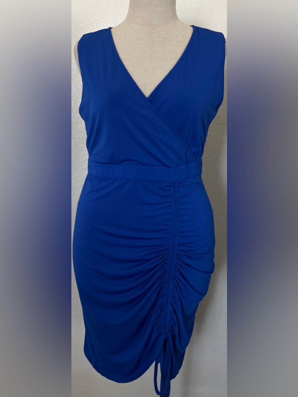 Thalia Sodi Sleeveless Wrap Ruched Midi Dress in Blue